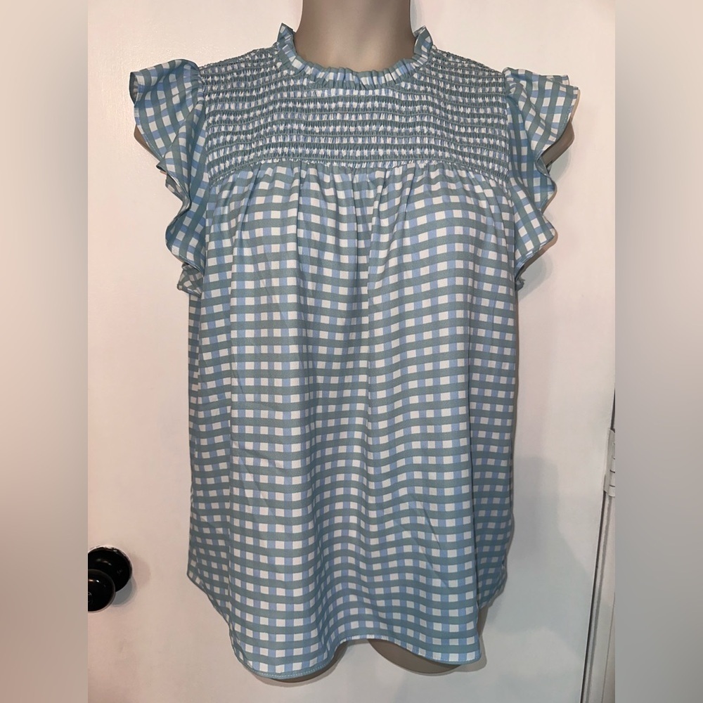 Blue Spring Ruffle High Neck Gingham Women's Top L #1758